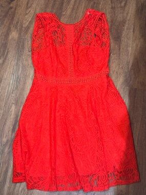 She + Sky Red Lace A-Line Mini Dress